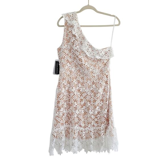 Donna Morgan White Floral Crochet Tan Lined One Shoulder Ruffle Mini Dress Sz 8 - Picture 8 of 13